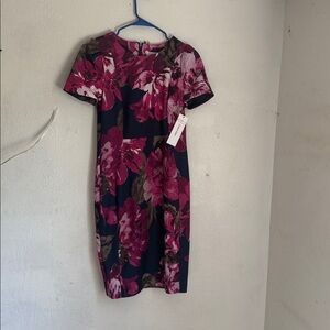 Calvin Klein Pink and Black Floral Midi Dress size 10 pre-owned